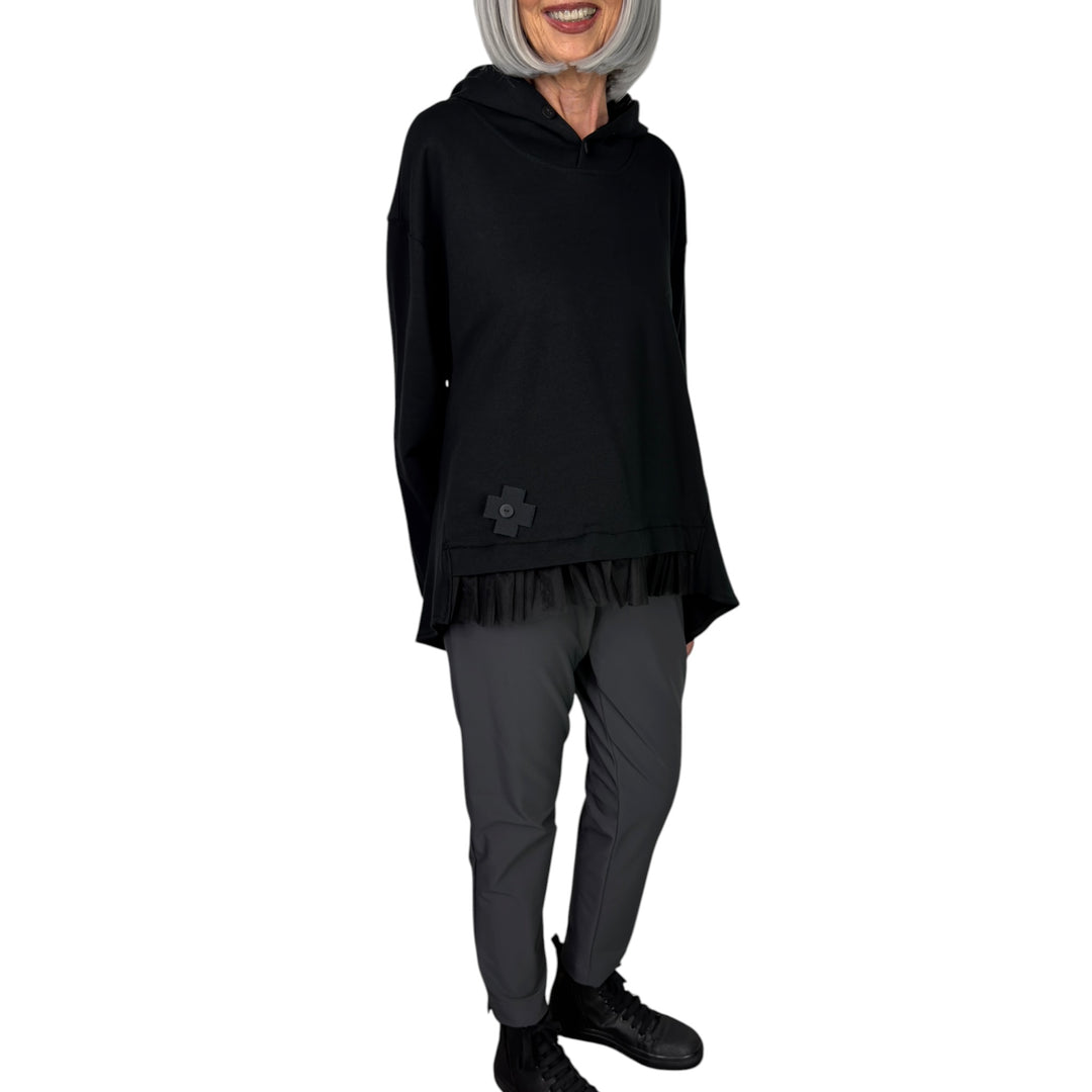 TULLE HEM HOODED SWEATSHIRT