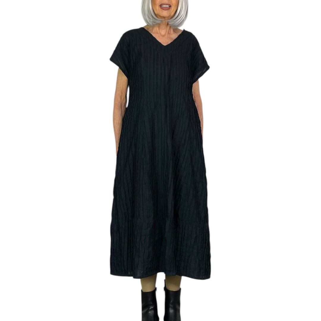 RIPPLE TUCK V-NECK MIDI DRESS