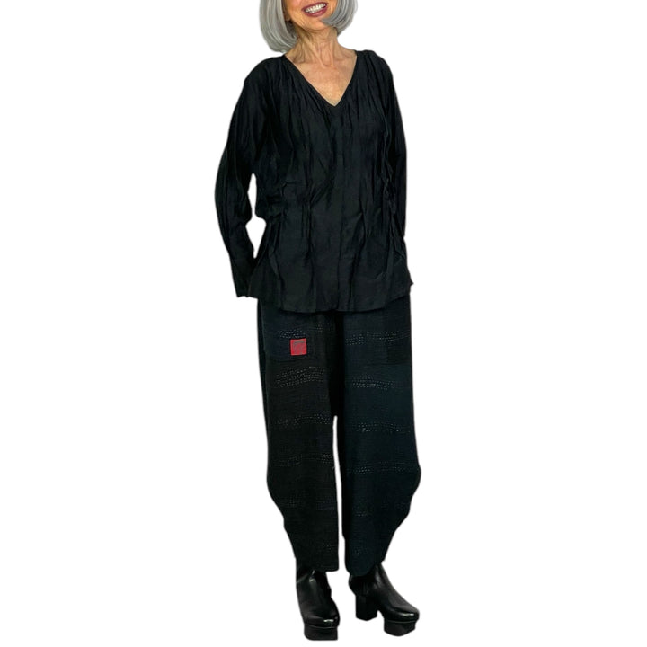 WAVY TUCKED V-NECK BLOUSE