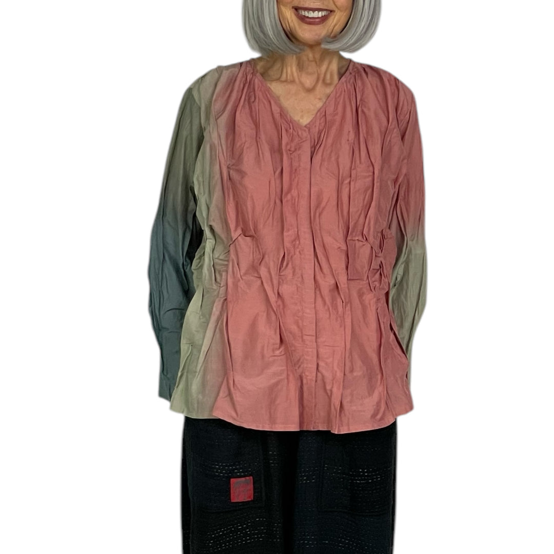 WAVY TUCKED V-NECK BLOUSE