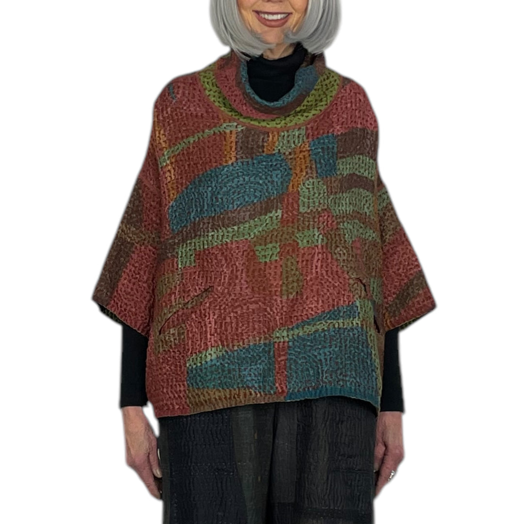 ABSTRACT WAFFLE COWL NECK PONCHO TOP