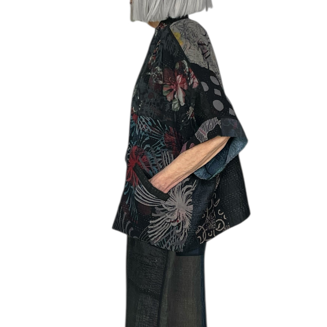 GEORGETTE JACQUARD/PATCH MINI PONCHO