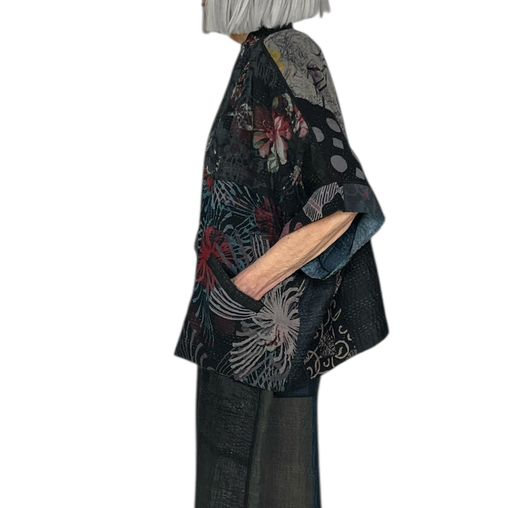 GEORGETTE JACQUARD/PATCH MINI PONCHO