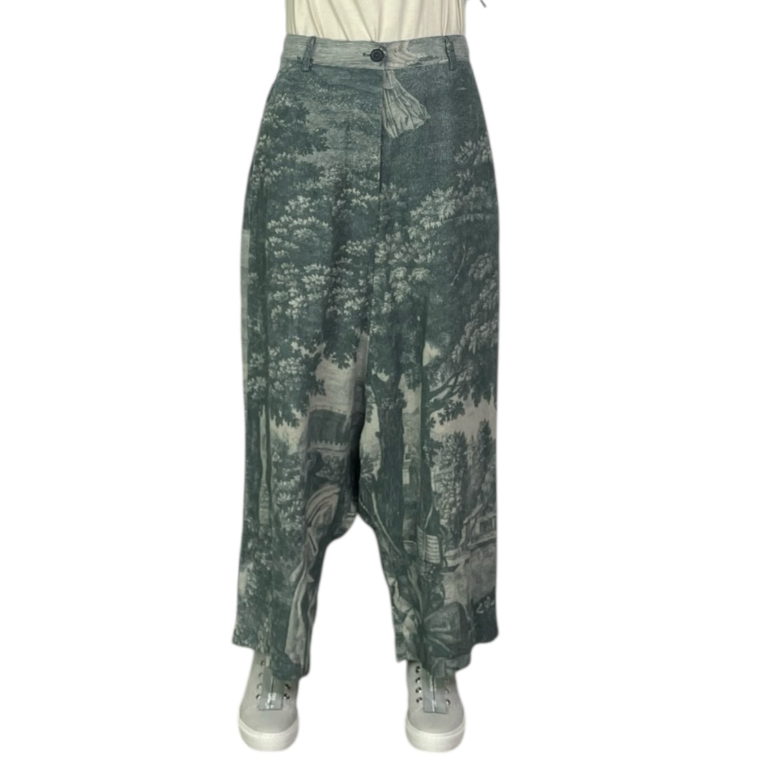 SCENIC PRINT LINEN WIDE LEG TROUSER