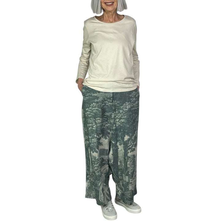 SCENIC PRINT LINEN WIDE LEG TROUSER