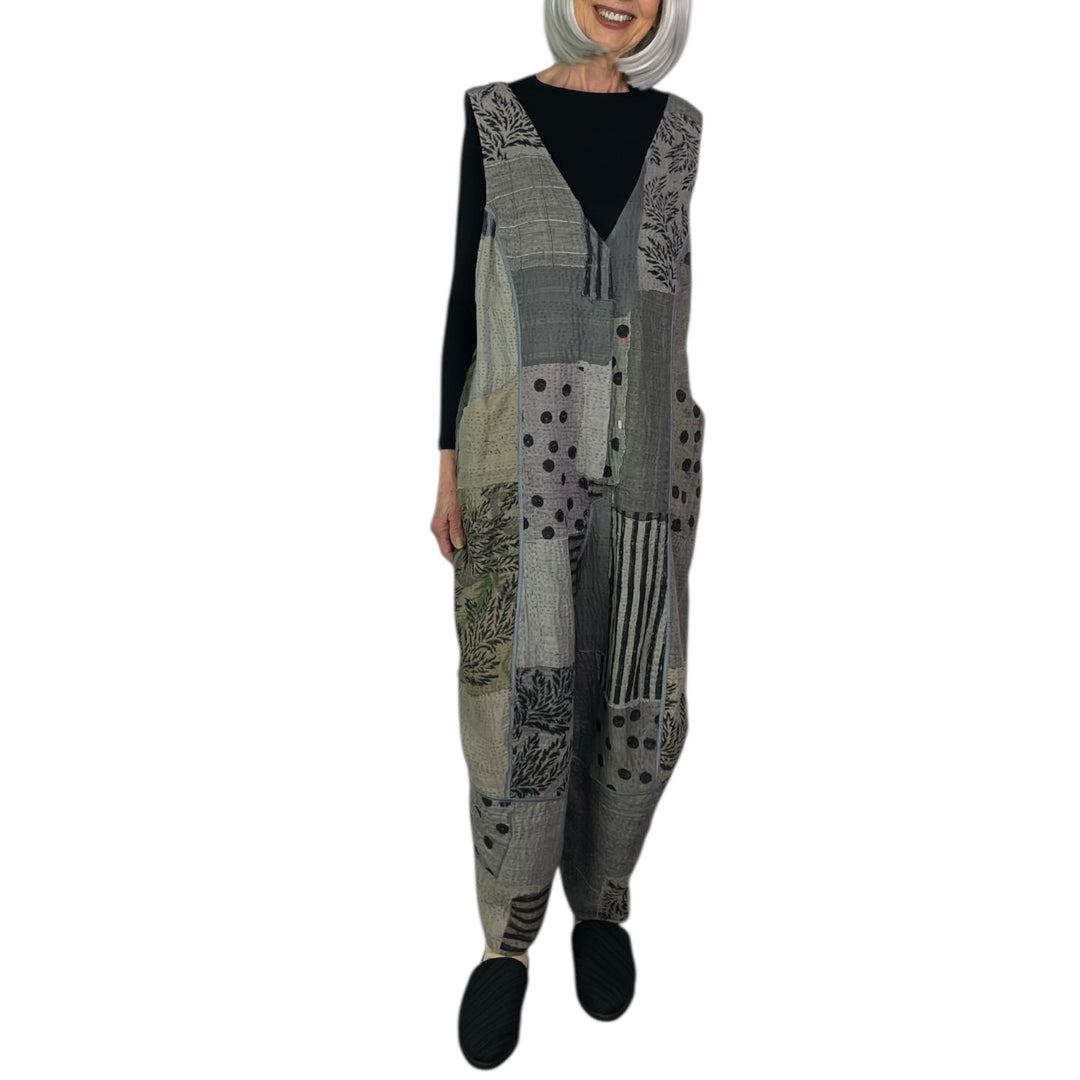 FRAYED PATCH V-NECK JUMPSUIT