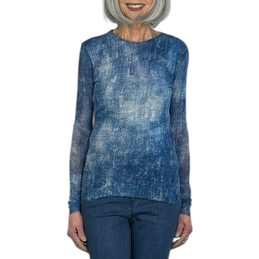 PRINT MESH LONG SLEEVE CREW-NECK TOP