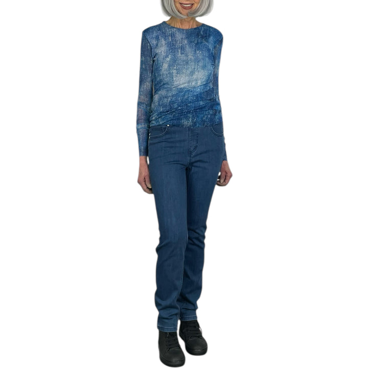 PRINT MESH LONG SLEEVE CREW-NECK TOP