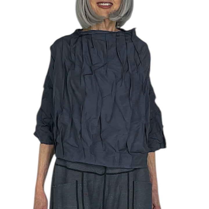 DYED VOILE WAVY TUCK FUNNEL NECK TOP