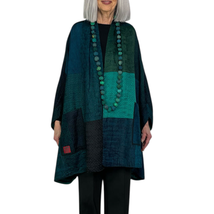 EMERALD GREEN KANTHA DOUBLE COLLAR PONCHO