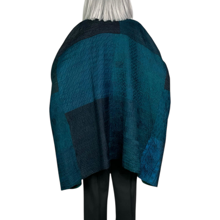 EMERALD GREEN KANTHA DOUBLE COLLAR PONCHO