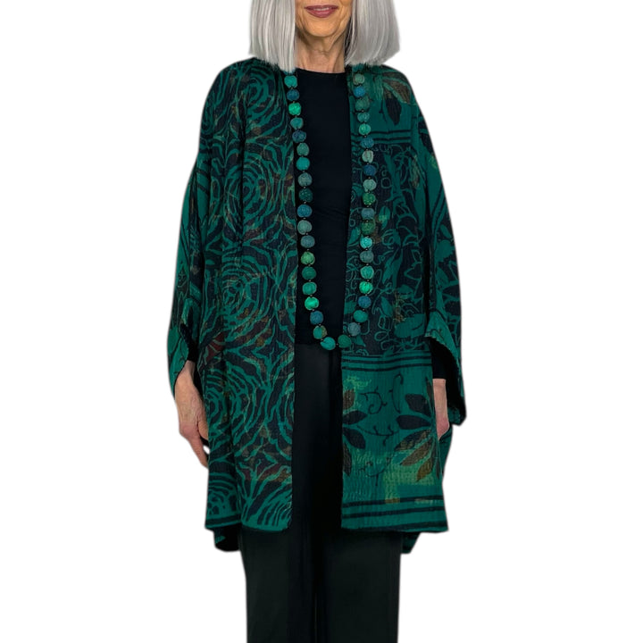 EMERALD GREEN KANTHA DOUBLE COLLAR PONCHO