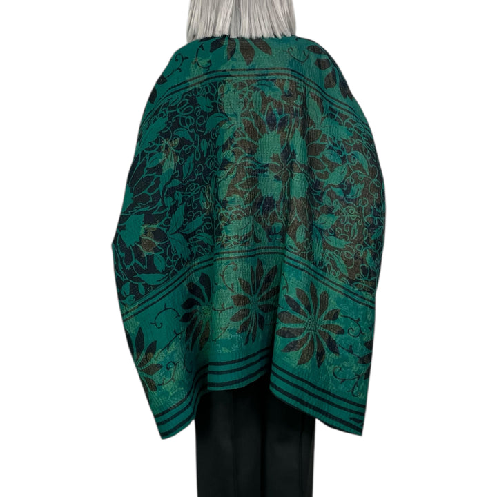 EMERALD GREEN KANTHA DOUBLE COLLAR PONCHO