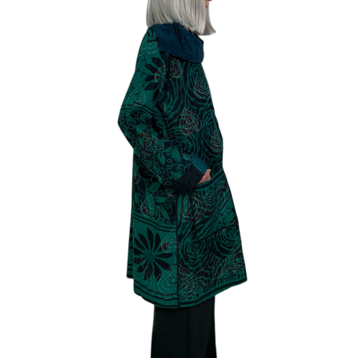 EMERALD GREEN KANTHA POCKET MEDIUM COAT