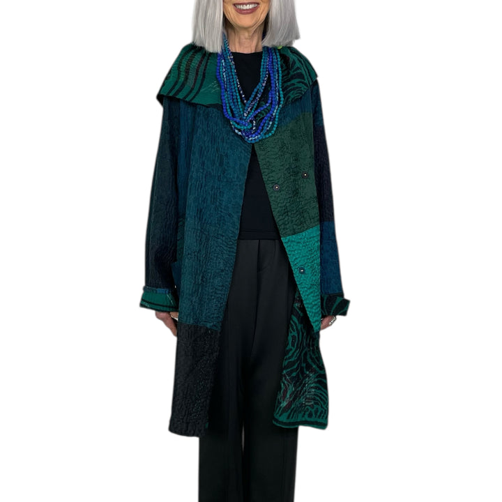 EMERALD GREEN KANTHA POCKET MEDIUM COAT
