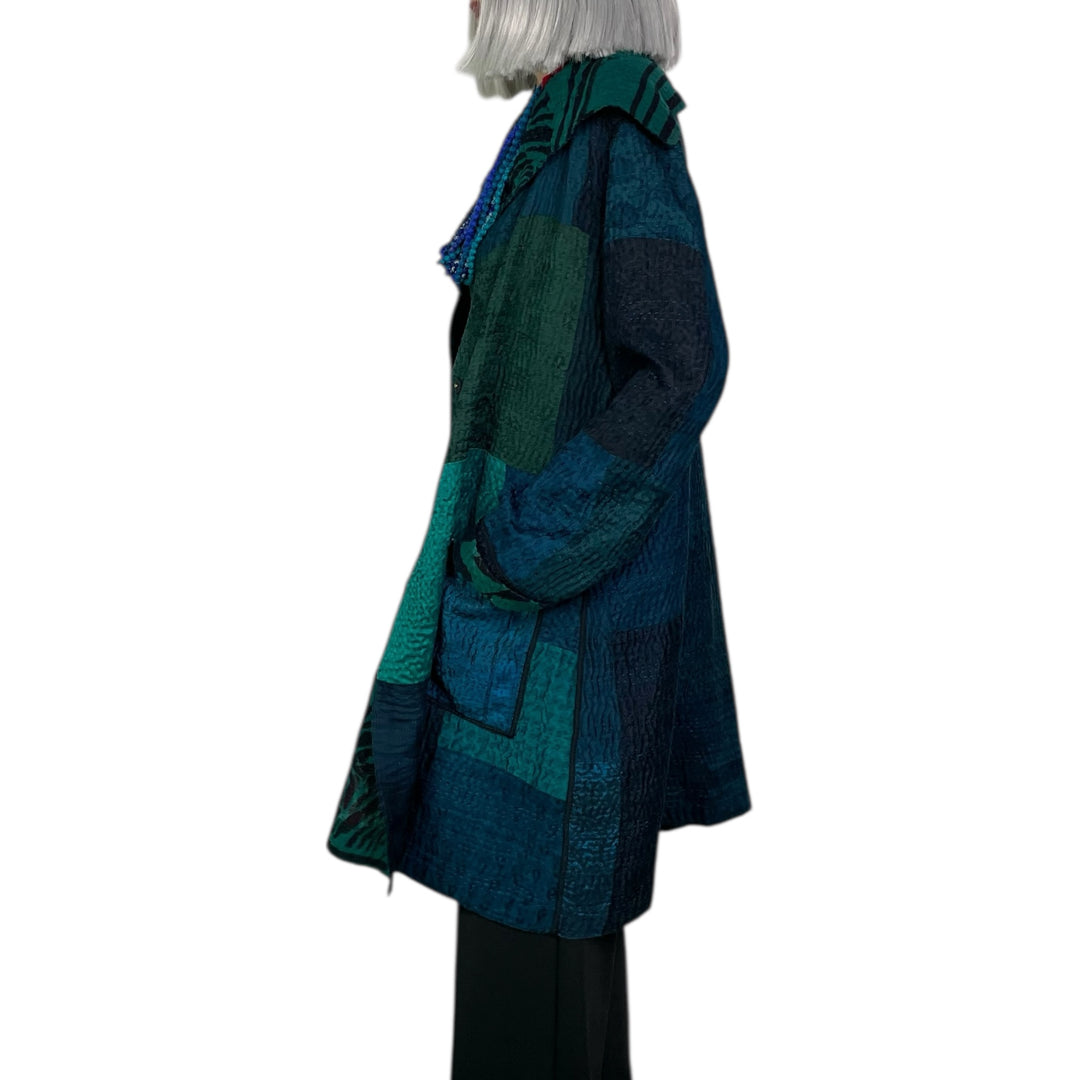EMERALD GREEN KANTHA POCKET MEDIUM COAT