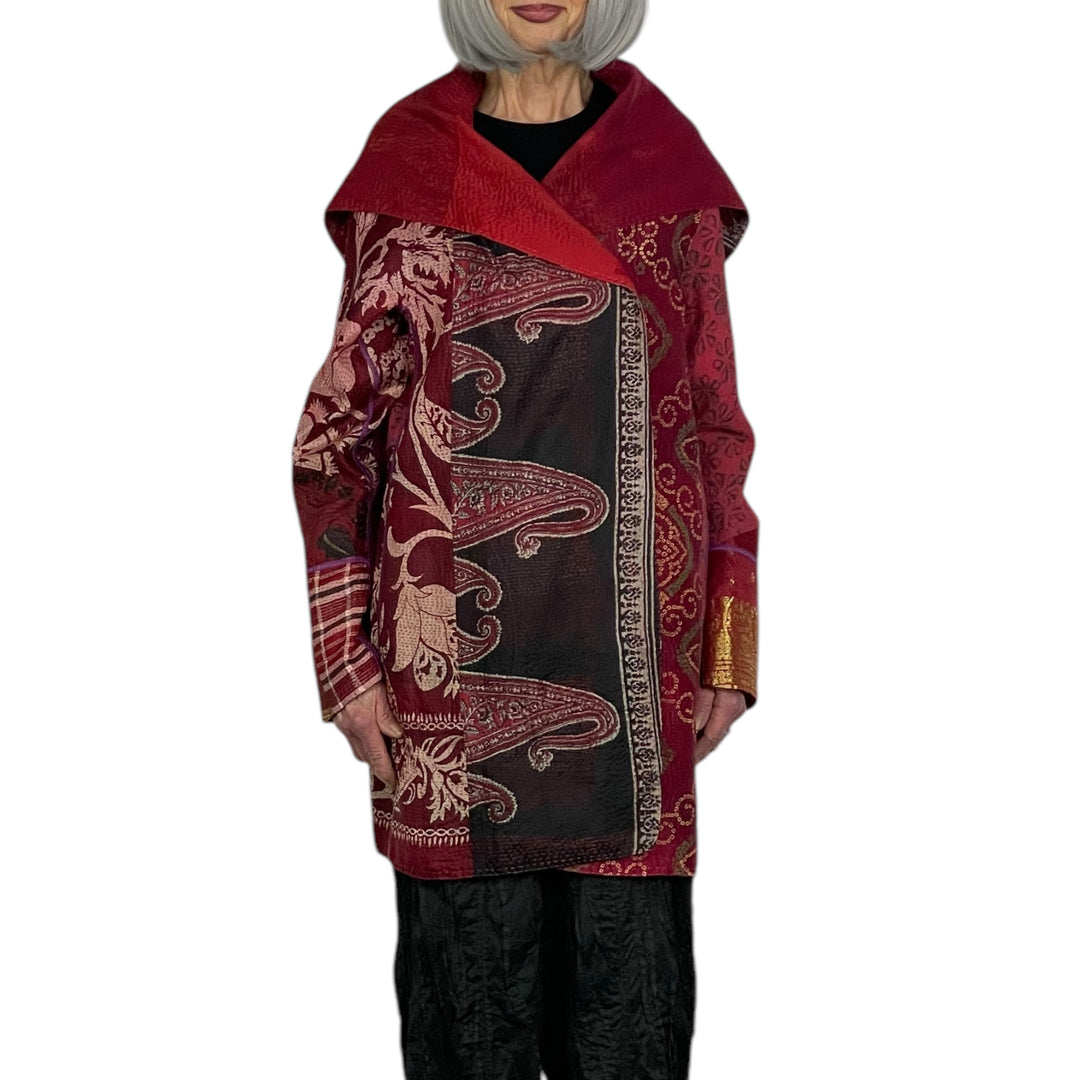 VINTAGE SILK KANTHA PATCH A-LINE COAT